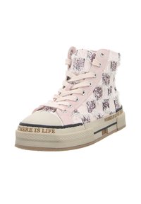 High-top sneakers with a pink fabric upper featuring a checkered pattern of glitter patches, canvas laces, and a cream rubber sole with text detail.