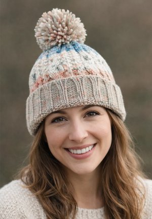 Lächelnde Frau mit braunen Haaren, die eine mehrfarbige gestrickte Mütze mit großem Bommel und einen hellen Pullover trägt, im Freien.