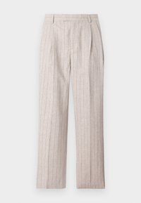 Lys beige, høy midje bukser laget av teksturert stoff. Har vertikale striper, legg foran og vide ben.