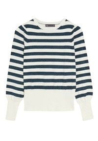 Maglione a righe bianco e blu scuro, con maniche lunghe, collo rotondo e orlo a costine, realizzato in morbido tessuto lavorato a maglia.