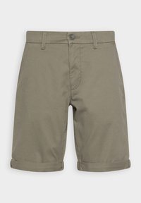 Shorts en kaki en mélange de coton, dotés d'une fermeture à bouton, de poignets retournés et de poches avant. Texture lisse, coupe décontractée.