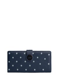 Navy blue leather wallet with white polka dots, rectangular shape, a snap closure, and a circular black hardware accent.