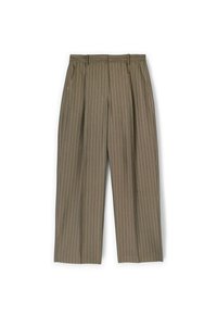 Olivové kalhoty s pruhovaným vzorem, rovného střihu, s záhyby, poutky na opasek a bočními kapsami. Hladká textura a přizpůsobený design.