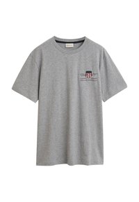 Grijze katoenen t-shirt met korte mouwen, met een klein geborduurd logo op de borst. Ronde hals ontwerp met een relaxte pasvorm.
