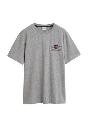 T-shirt de algodão cinza com mangas curtas, apresentando um pequeno logótipo bordado no peito. Design de gola redonda com um corte descontraído.