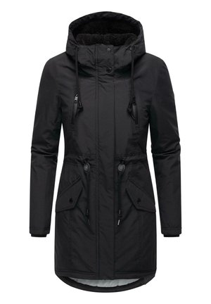 Zwarte parka-jas met een capuchon met nep-bonten voering, verstelbare trekkoorden, twee voorkwasten en een gebogen zoom. Glad, textuur stof.