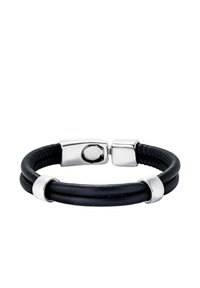 Pulsera de cuero negro con dos hilos, detalles en plata y cierre magnético. Presenta una textura suave y un diseño minimalista.