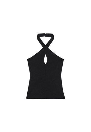Schwarzes ärmelloses Neckholder-Top mit gekreuzten Trägern und kleinem Schlüsselloch-Ausschnitt vorne in der Mitte.