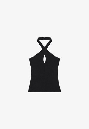 Schwarzes ärmelloses Neckholder-Top mit gekreuzten Trägern und kleinem Schlüsselloch-Ausschnitt vorne in der Mitte.