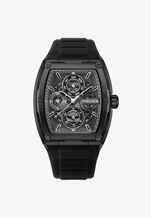 Schwarze rechteckige Uhr mit mehrschichtigem Ziffernblatt. Verfügt über drei Unterziffernblätter, silberne Akzente und ein strukturiertes Gummiband. Markenname "Police" angezeigt.