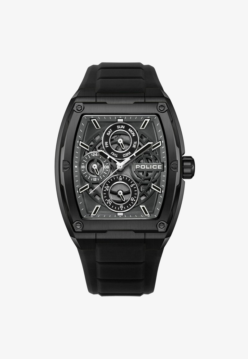 Schwarze rechteckige Uhr mit mehrschichtigem Ziffernblatt. Verfügt über drei Unterziffernblätter, silberne Akzente und ein strukturiertes Gummiband. Markenname "Police" angezeigt.
