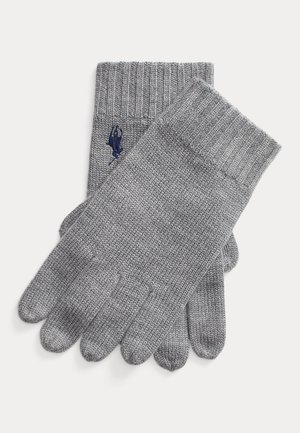 Gants tricotés gris avec des poignets côtelés, arborant un petit logo bleu. Ils ont une texture lisse et un design traditionnel à cinq doigts.