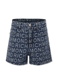 Shorts in denim con motivo testuale ripetuto "RICHMOND" su sfondo bianco, con bottone frontale, passanti per cintura e tasche anteriori.