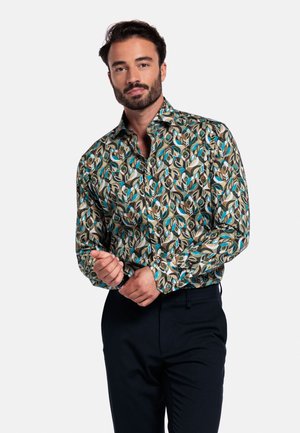 Overhemd met knopen en een patroondesign in teal, bruin en wit. Gemaakt van een stof met een gladde textuur en een gestructureerde kraag.