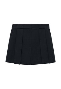 Jupe noire plissée avec une ceinture et un design structuré. Le tissu semble lisse avec des détails de coutures visibles et des plis soigneusement alignés.
