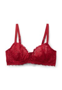 Rotes Spitzen-Bralette mit verstellbaren Trägern, gewelltem Rand und floralem Muster. Glatte Textur mit Unterbruststütze.
