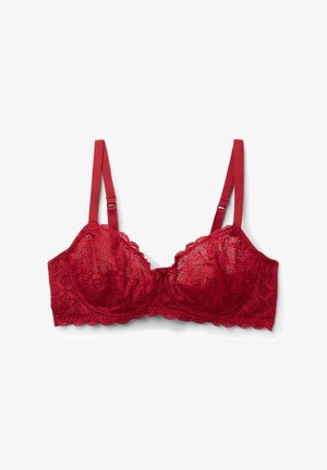 Red lace bralette featuring adjustable straps, scalloped edges, and a floral pattern. Smooth texture with underwire support.