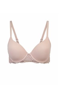 Soutien-gorge rembourré rose clair avec bretelles réglables, détail en dentelle le long de la bande et texture de tissu lisse sur les bonnets.