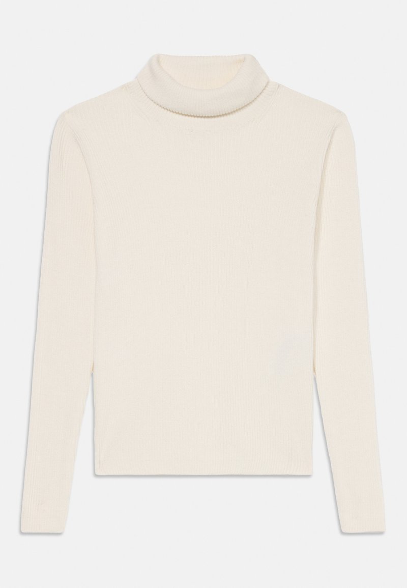 Krémszínű garbó pulóver, bordázott anyagból készült, hosszú ujakkal és testhezálló fazonnal, magas gallérral.