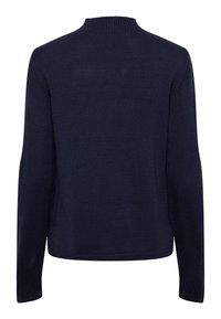 Pull en tricot bleu marine à manches longues avec col rond haut, vu de dos, avec une texture unie et un ourlet droit.