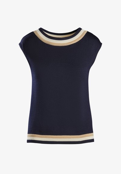 Jūrų laivyno trumpomis rankovėmis marškiniai su tekstūriniu paviršiumi. Viršuje yra daugiaspalvė juostelė prie kaklo ir juostelė apačioje smėlio ir kreminės spalvos.