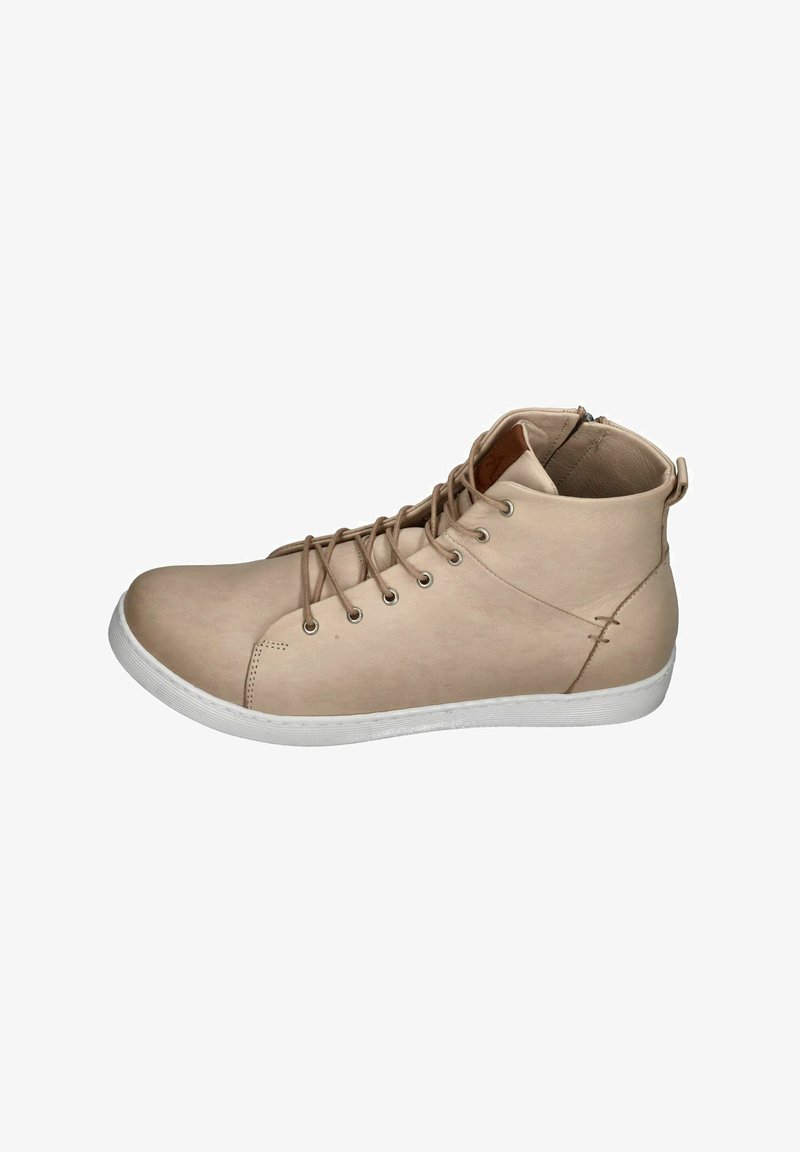 Beige high-top sneaker with smooth leather material, white rubber sole, lace-up design, and stitching detail on the side.