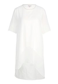 Witte tuniekshirts met een ronde hals en korte mouwen, met een langere achterkant en een doorschijnende textuur. Soepele stof, minimalistisch ontwerp.