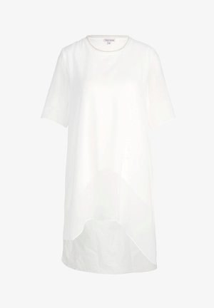 Witte tuniekshirts met een ronde hals en korte mouwen, met een langere achterkant en een doorschijnende textuur. Soepele stof, minimalistisch ontwerp.