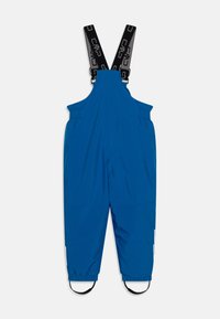 Blue waterproof bib overalls with black straps featuring the brand name, elastic cuffs, and ankle loops for secure fit.