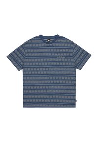 Blue patterned t-shirt with short sleeves. Features geometric designs in light blue and white, round neckline, and small logo on the front.