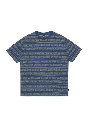 Blue patterned t-shirt with short sleeves. Features geometric designs in light blue and white, round neckline, and small logo on the front.