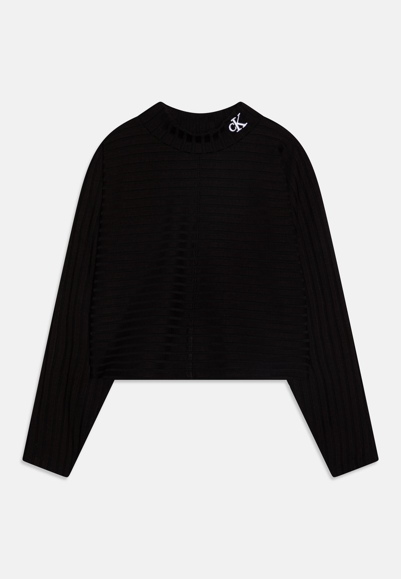 Top court noir à manches longues avec texture côtelée et col montant, arborant un petit logo blanc "cK" sur le côté gauche du col.