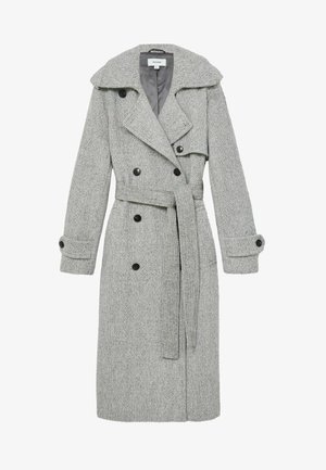 Hallikas tekstuuriga trench coat, millel on lai krae, topelt-kliendinupud, reguleeritavad mansetid ja sobiv vöö talje juures.