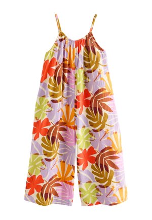 Ærmeløs jumpsuit med vidde ben og tynde stropper, med farverigt tropisk blad- og blomsterprint i orange, grøn, brun og lilla.