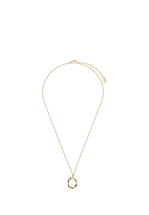 Delicate gold chain necklace with circular floral pendant featuring small colorful flowers and an adjustable clasp.