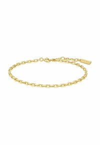 Bracciale in oro con anelli ovali, dotato di un gancio sicuro e di un piccolo cartellino rettangolare inciso con il nome "ANA MAE."
