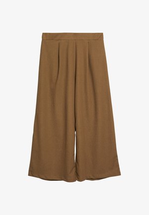 Pantalon culotte à jambes larges marron avec taille haute et plis devant, confectionné dans un tissu texturé.