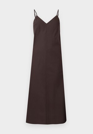 Brown sleeveless slip dress with thin shoulder straps and a V-neckline, displayed on a plain light gray background.