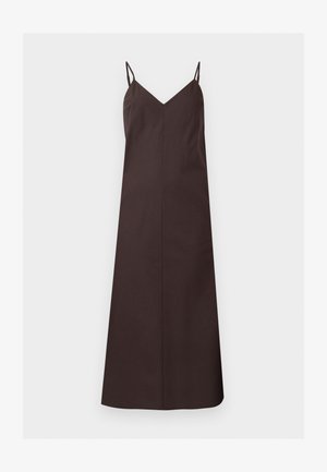 Brown sleeveless slip dress with thin shoulder straps and a V-neckline, displayed on a plain light gray background.