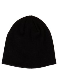 Bonnet en tricot noir avec un sommet arrondi, présentant une texture côtelée et sans logos ni embellissements visibles. Tissu doux pour le confort.