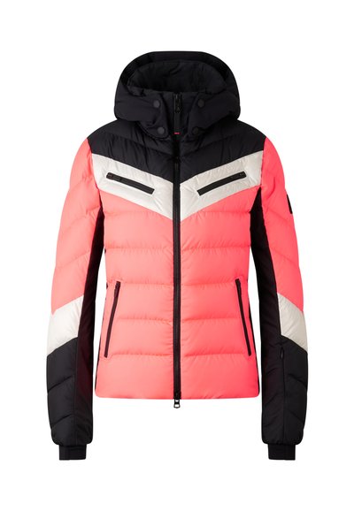 Padded jacket with a hood, featuring bright pink, black, and white colors. Includes zippered pockets and chevron design across the chest.