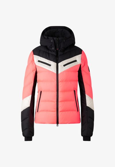 Padded jacket with a hood, featuring bright pink, black, and white colors. Includes zippered pockets and chevron design across the chest.