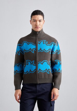 Brown zip-up sweater featuring bold blue wave patterns, ribbed collar and cuffs, made of a soft knit material.