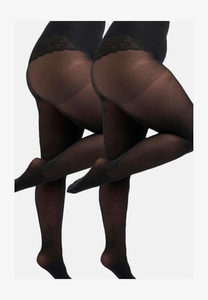 Collants opaques noirs avec une ceinture en dentelle texturée. Les collants ont une finition lisse et sont présentés sur des jambes croisées, mettant en valeur leur ajustement.