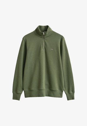 Olive green long-sleeve pullover with quarter-zip and small embroidered logo on left chest, ribbed cuffs, and hem.