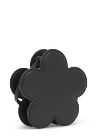 Czarna skórzana torebka w kształcie kwiatu, z gładką fakturą i zaokrąglonymi krawędziami płatków. Minimalistyczny design bez widocznych elementów metalowych.