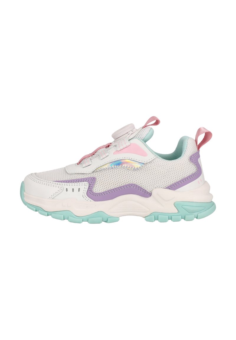 Weißer Sneaker aus Mesh und Gummi, mit Akzenten in Lavendel und Minze, abgerundeter Zehenpartie und einer Zuglasche an der Ferse.