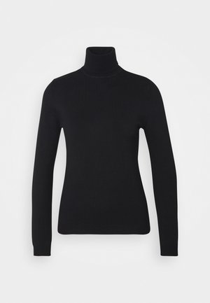 Zwarte coltrui gemaakt van glad breikatoen. Heeft lange mouwen en een fitted ontwerp met een subtiele ribbeltextuur bij de kraag.