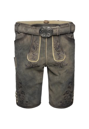 Pantalones cortos de cuero marrón con bordados de motivos florales y animales, costuras en contraste, un cinturón con hebilla plateada y acentos de botones en los lados.