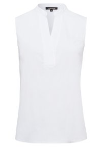 Hvid ærmeløs top med stående krave og halv knapstolpe. Fremstillet af glat stof, har et rent, minimalistisk design.